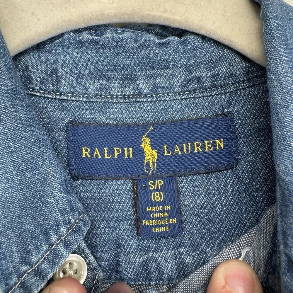 Ralph Lauren Shirt Boys 8 Blue Denim Chambray Flesh Pony Button Down
